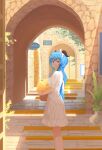  1girl bangs basket blue_hair day dress flower from_side ganyu_(genshin_impact) genshin_impact hair_ornament highres horn_ornament horns long_hair looking_at_viewer low_ponytail plant potted_plant sidelocks smile solo standing sundress violet_eyes wer0 white_dress yellow_flower 