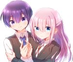  1boy 1girl black_sweater blue_eyes blue_necktie blush hands_up hetero highres izumi_yu kawaii_dake_ja_nai_shikimori-san long_hair long_sleeves looking_at_viewer necktie nyaa_(nnekoron) own_hands_together pink_hair purple_hair school_uniform shikimori_(kawaii_dake_ja_nai) shirt simple_background smile sweater upper_body violet_eyes white_background white_shirt 