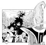  1girl 5boys :o arm_behind_back big_hair broly_(dragon_ball_super) cheelai dougi dragon_ball dragon_ball_super dragon_ball_super_super_hero fenyon forest goggles goggles_on_head greyscale highres holding_another&#039;s_arm index_finger_raised lemo_(dragon_ball) monochrome multiple_boys nature pectorals sash scar scar_on_cheek scar_on_face short_hair skin_tight spiky_hair tree vegeta whis 