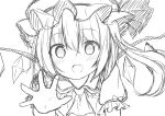  1girl absurdres ascot close-up crystal fang flandre_scarlet frilled_shirt_collar frilled_sleeves frills greyscale hair_between_eyes hat hat_ribbon highres looking_at_viewer mob_cap monochrome open_mouth outstretched_hand puffy_short_sleeves puffy_sleeves rense_1010_(number_nanashi) ribbon short_sleeves side_ponytail sketch solo touhou upper_body wings 
