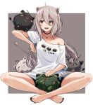  1girl animal_collar animal_ears bangs bare_legs barefoot biten black_nails black_shorts blush border breasts collar collarbone commentary_request crossed_legs fang feet full_body grey_eyes grey_hair hair_between_eyes highres hololive jewelry legs lion_ears lion_girl lion_tail long_hair medium_breasts nail_polish necklace off_shoulder open_mouth oversized_clothes oversized_shirt shirt shishiro_botan short_sleeves shorts sitting solo ssrb t-shirt tail thighs toenail_polish toenails toes virtual_youtuber white_border 