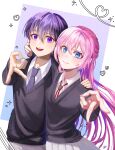  1boy 1girl :d bad_hands black_sweater_vest blue_eyes cherry59599 hair_between_eyes heart hetero highres izumi_yu kawaii_dake_ja_nai_shikimori-san long_hair long_sleeves pink_hair purple_hair school_uniform shikimori_(kawaii_dake_ja_nai) short_hair simple_background skirt smile standing sweater_vest v white_skirt 