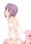  1girl breasts brown_eyes dress hair_intakes idolmaster idolmaster_cinderella_girls koshimizu_sachiko purple_hair sakaki_imasato short_hair sitting sleepwear small_breasts solo spaghetti_strap white_background 