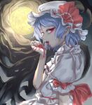  1girl absurdres bangs bat_wings black_wings blood blue_hair bow collared_shirt commentary_request fang frilled_shirt_collar frills full_moon hakonnbo hat hat_ribbon highres looking_at_viewer looking_to_the_side mob_cap moon open_mouth red_bow red_eyes red_ribbon remilia_scarlet ribbon shirt short_hair skirt skirt_set sleeve_bow solo touhou upper_body vampire white_headwear white_shirt white_skirt wings 