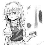  1girl apron bangs blush braid closed_mouth commentary_request expressionless flat_chest greyscale hair_between_eyes hakonnbo holding kirisame_marisa long_hair looking_at_viewer mini-hakkero monochrome puffy_short_sleeves puffy_sleeves shirt short_sleeves single_braid solo touhou turtleneck upper_body vest waist_apron white_shirt 