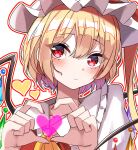  1girl ascot blonde_hair blush closed_mouth collarbone flandre_scarlet hair_between_eyes hat hat_ribbon head_tilt heart heart_hands highres kiui_(dagk8254) looking_at_viewer medium_hair mob_cap nail_polish puffy_short_sleeves puffy_sleeves red_eyes red_nails red_ribbon red_vest ribbon shirt short_sleeves side_ponytail solo touhou upper_body vest white_headwear white_shirt yellow_ascot 