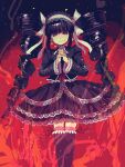  1girl bangs black_hair black_jacket black_nails black_skirt black_thighhighs blush bonnet celestia_ludenberg danganronpa:_trigger_happy_havoc danganronpa_(series) drill_hair feet_out_of_frame fire frilled_jacket frills highres jacket lace-trimmed_skirt lace_trim layered_skirt long_hair looking_at_viewer nail_polish necktie nokita_(nokitaaaaaa) open_clothes open_jacket own_hands_clasped own_hands_together red_eyes red_necktie shiny shiny_hair skirt solo sweat thigh-highs twin_drills very_long_hair 
