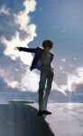  1boy absurdres bird black_footwear blue_sky cable cable_tie cliff closed_eyes clouds cloudy_sky day dino_(dinoartforame) formal full_body head_down highres jacket levi_(shingeki_no_kyojin) long_sleeves outstretched_arm pants pose purple_jacket shingeki_no_kyojin shirt shoes sky solo standing suit yellow_pants yellow_shirt 