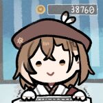  1girl :&gt; beret brown_hair clipe hat holocure hololive hololive_english keyboard_(computer) lowres medium_hair nanashi_mumei smile solo upper_body virtual_youtuber 