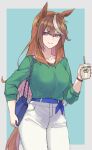  1girl alternate_costume animal_ears bag belt blue_bag blue_belt border bracelet brown_hair cup drinking_straw earrings green_shirt holding holding_bag holding_cup horse_ears horse_girl horse_tail jewelry kusanagi_kaoru long_hair looking_at_viewer multicolored_hair pants shirt shoulder_bag simple_background single_earring solo streaked_hair symboli_rudolf_(umamusume) tail umamusume very_long_hair violet_eyes white_border white_pants 