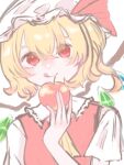  1girl :q apple ascot blonde_hair collared_shirt flandre_scarlet food frilled_shirt_collar frills fruit hair_between_eyes hat head_tilt holding holding_food holding_fruit looking_at_viewer medium_hair mob_cap multicolored_wings nazo_ker red_eyes red_vest shirt short_sleeves simple_background solo tongue tongue_out touhou upper_body vest white_background white_headwear white_shirt wings yellow_ascot 