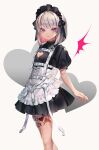  1girl apron black_dress breasts dress frilled_apron frills heart highres looking_at_viewer maid maid_apron maid_headdress o-ring_belt red_eyes small_breasts solo standing tenobe thigh_strap waist_apron white_apron white_background white_hair 