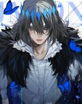  1boy absurdres alternate_hair_color arthropod_boy background_text bangs black_hair blue_butterfly blue_eyes bug butterfly cape collared_shirt crown diamond_hairband expressionless fate/grand_order fate_(series) feather_boa fur_collar fur_trim highres insect_wings j.moon light_particles long_sleeves looking_at_viewer male_focus medium_hair oberon_(fate) oberon_(third_ascension)_(fate) official_alternate_costume parted_lips shirt solo upper_body white_shirt wings 