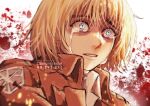  1boy armin_arlert bangs blonde_hair blood blood_splatter blue_eyes close-up commentary_request commission crying crying_with_eyes_open english_commentary hair_between_eyes highres male_focus mixed-language_commentary oishiichuii paradis_military_uniform sad shingeki_no_kyojin short_hair solo streaming_tears tears teeth white_background 