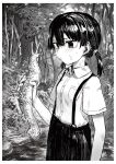  1girl absurdres animal bangs blush border breast_pocket closed_mouth collared_shirt commentary_request cowboy_shot expressionless flat_chest forest grass greyscale hakonnbo highres holding holding_animal monochrome nature original pocket river shirt short_hair short_sleeves short_twintails skirt slug solo suspender_skirt suspenders tree twintails 