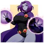  1girl absurdres bare_hips black_leotard blue_cloak breasts cape cloak colored_skin curvy dc_comics forehead_jewel grey_skin highres large_breasts leotard looking_at_viewer purple_hair raven_(dc) simmsy solo teen_titans thick_thighs thighs violet_eyes 