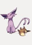  bright_pupils closed_mouth commentary_request eevee espeon forked_tail highres looking_down lying nako_(nekono_shippo75) no_humans on_back pokemon pokemon_(creature) sitting smile tail violet_eyes white_background white_pupils 