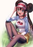  1girl :d blue_eyes blush bow breasts brown_hair commentary_request double_bun doughnut_hair_bun grass hair_bun hand_up highres notdes1re_(tbot7) open_mouth pantyhose pink_bow pokemon pokemon_(game) pokemon_bw2 raglan_sleeves rosa_(pokemon) shoes short_shorts shorts sitting smile sneakers solo tongue twintails visor_cap yellow_shorts 