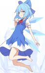  1girl barefoot blue_bow blue_dress blue_eyes blue_hair blush bow cirno closed_mouth collared_shirt detached_wings dress e.o. fairy hair_between_eyes hair_bow highres ice ice_wings shirt short_hair short_sleeves simple_background smile solo tongue tongue_out touhou white_background white_shirt wings 