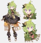  1girl :o ahoge asymmetrical_legwear bangs black_footwear blush boots brown_socks brown_thighhighs capelet clenched_hands closed_mouth collei_(genshin_impact) crossed_bangs genshin_impact green_capelet green_hair grey_background hair_between_eyes hair_ornament highres kabe_sakana kneehighs multiple_views open_mouth parted_lips simple_background single_kneehigh single_sock single_thighhigh socks sweat tassel thigh-highs thighlet violet_eyes 
