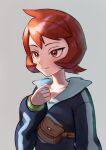  1girl arezu_(pokemon) bangs blush bracelet brown_bag closed_mouth commentary_request cowlick grey_background highres jacket jewelry long_sleeves notdes1re_(tbot7) pokemon pokemon_(game) pokemon_legends:_arceus red_eyes redhead short_hair smile solo split_mouth upper_body 