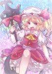  1girl ascot back_bow blonde_hair bow collared_shirt crystal fang feet_out_of_frame flandre_scarlet frilled_shirt_collar frilled_sleeves frills hat hat_ribbon highres holding holding_polearm holding_weapon laevatein_(touhou) layered_skirt looking_at_viewer medium_hair mob_cap multicolored_wings open_mouth polearm puffy_short_sleeves puffy_sleeves red_eyes red_ribbon red_skirt red_vest ribbon sacchan_happy shirt short_sleeves side_ponytail skirt skirt_set solo touhou v-shaped_eyebrows vest weapon white_bow white_headwear white_shirt wings yellow_ascot 