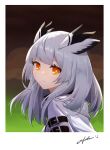  1girl arknights border brown_background from_side grey_hair highres jacket looking_at_viewer medium_hair orange_eyes owl_ears portrait ptilopsis_(arknights) signature simple_background smile solo udon_wudong white_border white_jacket 