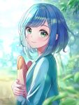  baguette blue_hair blue_jacket bread day delicious_party_precure food fuwa_kokone grass green_eyes hair_ornament hairclip hana_(pixiv75985053) highres jacket lips long_sleeves looking_at_viewer medium_hair nature outdoors precure shirt smile sunlight tree upper_body white_shirt 
