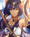  1girl absurdres arm_up bangs blue_eyes blue_hair breasts candace_(genshin_impact) dark-skinned_female dark_skin eyebrows_hidden_by_hair genshin_impact hair_between_eyes highres holding holding_polearm holding_shield holding_weapon jewelry lance long_hair looking_at_viewer multicolored_eyes necklace polearm shield skye2000 solo twintails upper_body weapon yellow_eyes 