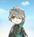  1boy ahoge alhaitham_(genshin_impact) artist_name bangs blue_sky chibi clouds detached_sleeves elbow_gloves frown genshin_impact gloves gradient gradient_background green_eyes hair_over_one_eye highres shoulder_cape sign sky solo upper_body white_hair xinzoruo 