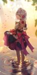  1girl absurdres back blurry blurry_background braid crown_braid falling_petals flower frilled_hairband frills genshin_impact hairband highres looking_at_viewer looking_back maid_headdress noelle_(genshin_impact) petals red_flower red_rose ripples rose short_hair skirt_hold solo sunset wading water yolanda 