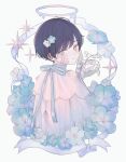  1boy absurdres bandaid bandaid_on_cheek bandaid_on_face black_hair blue_eyes blue_flower blue_theme closed_mouth flower halo highres lily_of_the_valley long_sleeves looking_at_viewer looking_back male_child male_focus melting_halo nemophila_(flower) niufog original shirt smile solo star_(symbol) white_background white_shirt yori_(niufog) 