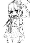  1girl beads blush closed_mouth dot_mouth frilled_hairband frills grey_background greyscale hair_beads hair_ornament hairband hatching_(texture) highres holding holding_umbrella kanna_kamui kobayashi-san_chi_no_maidragon long_hair looking_back lst9k monochrome ribbon simple_background sketch solo thigh-highs twintails umbrella very_long_hair 