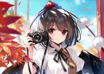  1girl autumn autumn_leaves bird_wings black_hair black_wings blush camera closed_mouth feathered_wings hair_between_eyes hat holding holding_camera ke-ta leaf maple_leaf pom_pom_(clothes) red_eyes red_headwear shameimaru_aya shirt short_hair short_sleeves smile solo tokin_hat touhou white_shirt wings 