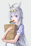  1girl absurdres ahoge animal_ears bag bangs blue_eyes blue_shirt carrot colored_tips commentary expressionless eyes_visible_through_hair food_in_mouth grey_background grey_hair hair_between_eyes hairband hand_up highres holding holding_bag horse_ears horse_girl long_hair looking_at_viewer moon_(restire) multicolored_hair oguri_cap_(umamusume) paper_bag pleated_skirt ring_hair_ornament shirt shirt_tucked_in short_sleeves skirt solo umamusume upper_body very_long_hair white_hair white_skirt yellow_hairband 
