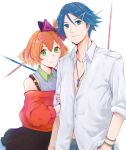  1boy 1girl 3h2y3fl arm_grab bangs black_bow black_skirt blonde_hair blue_eyes blue_hair bow brown_hair closed_mouth collarbone collared_shirt couple dress_shirt freyja_wion gradient_hair green_eyes grey_shirt hair_between_eyes hair_bow hair_ornament hayate_immelmann heart heart_hair_ornament hetero jewelry looking_at_viewer macross macross_delta medium_hair miniskirt multicolored_hair off-shoulder_sweater off_shoulder one_side_up open_clothes open_shirt pendant pleated_skirt purple_bow red_sweater shiny shiny_hair shirt short_hair skirt sleeves_rolled_up smile sweater white_shirt wing_collar 