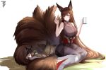  2girls absurdres amagi_(azur_lane) animal_ears azur_lane breasts brown_hair commission coolguy6267 cup fox_ears fox_tail highres holding holding_cup japanese_clothes jewelry large_breasts long_hair lying mother_and_daughter multiple_girls multiple_tails on_stomach ornate_ring ring second-party_source sleeping smile tail toy_bits twintails very_long_hair violet_eyes wedding_ring white_background 