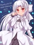  1girl bangs blue_background bow capelet closed_mouth dot_zip dress english_text hair_bow highres long_hair long_sleeves looking_at_viewer melty_blood milestone_celebration pointy_ears red_eyes smile solo tsukihime white_bow white_capelet white_dress white_hair white_len_(tsukihime) 