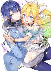  1boy 1girl :d blonde_hair blue_eyes blue_hair blue_jacket blue_pants blush bow bracelet chain closed_mouth fishnet_thighhighs fishnets green_eyes grey_scarf hair_bow houbami_reiji interlocked_fingers isekai_nara_neet_ga_hataraku_to_omotta? jacket jewelry long_hair looking_at_viewer nekometaru open_mouth original pants pointy_ears ponytail scarf short_hair simple_background smile thigh-highs tifalycia_cleargreen white_background white_bow 