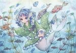  1girl absurdres blue_eyes blue_hair closed_mouth drill_hair fish frilled_kimono frills green_kimono head_fins highres japanese_clothes kimono long_sleeves medium_hair mermaid monster_girl painting_(medium) print_kimono solo touhou tpamjdsta_(usatokurasu) traditional_media underwater wakasagihime watercolor_(medium) wide_sleeves 