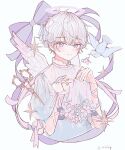  1boy absurdres angel angel_wings blue_flower blue_theme closed_mouth flower grey_eyes halo highres looking_at_viewer niufog original scissors shirt short_hair short_sleeves smile solo star_(symbol) white_background white_hair white_shirt wings 
