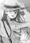  1girl bangs bruise bruise_on_face bruised_eye clouds dress eyebrows_hidden_by_hair flat_chest greyscale hat highres injury inunishimashita long_hair missing_tooth monochrome open_mouth oyasumi_punpun sky smile solo sun_hat tanaka_aiko upper_body 
