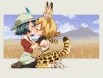  2girls animal_ears black_gloves black_hair black_pantyhose blonde_hair blush boots bow bowtie brown_footwear cat_ears cat_girl cat_tail closed_eyes commentary_request elbow_gloves gloves hands_on_another&#039;s_shoulders hat_feather helmet high-waist_skirt highres kaban_(kemono_friends) kemono_friends kiss kneeling loafers multiple_girls pantyhose pith_helmet polyushitako print_bow print_bowtie print_gloves print_skirt print_thighhighs red_shirt seiza serval_(kemono_friends) serval_print shirt shoes short_hair short_sleeves sitting skirt t-shirt tail white_footwear yuri zettai_ryouiki 