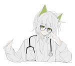  1girl absurdres alternate_costume animal_ears arknights bespectacled bright_pupils cat_ears cat_girl collared_shirt glasses green_eyes head_rest highres holding holding_pen kal&#039;tsit_(arknights) lihuashuangxiang long_sleeves looking_at_viewer pen shirt short_hair simple_background solo upper_body white_background white_pupils white_shirt 
