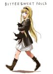  1girl aida_yuu bangs bittersweet_fools black_cat black_hairband black_headwear black_shirt black_socks blonde_hair blue_eyes boots carrying cat dress full_body hairband long_hair long_sleeves looking_at_viewer open_mouth pet shadow shirt sidelocks simple_background skirt socks tea_(bittersweet_fools) teeth upper_teeth walking white_dress 