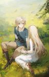  1boy 1girl bangs blonde_hair blue_eyes blue_tunic boots breasts brown_footwear closed_mouth day dress grass hair_between_eyes hetero highres holding leaf link long_hair mada_(shizhou) outdoors pants pointy_ears princess_zelda rock sandals sitting sleeveless sleeveless_dress the_legend_of_zelda the_legend_of_zelda:_breath_of_the_wild tunic very_long_hair white_dress 