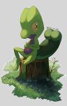  absurdres ame_akira colored_sclera commentary_request crossed_arms full_body grass grey_background highres leaf leg_up no_humans outline pokemon pokemon_(creature) sitting solo tree_stump treecko yellow_sclera 