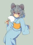  1girl alternate_costume animal_ears blue_kimono brown_eyes closed_mouth grey_hair hand_fan holding holding_fan japanese_clothes kimono long_sleeves looking_at_viewer mouse_ears nayozane_(worker7) nazrin sash short_hair simple_background sitting smile solo touhou 