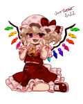  1girl 2022 :d absurdres ascot blonde_hair bobby_socks chibi double_v fang flandre_scarlet frilled_shirt_collar frilled_skirt frilled_sleeves frills hat highres looking_at_viewer medium_hair mob_cap multicolored_wings open_mouth puffy_short_sleeves puffy_sleeves red_eyes red_footwear red_skirt red_vest shirt short_sleeves side_ponytail simple_background skin_fang skirt skirt_set smile socks solo touhou v vest white_background white_headwear white_shirt white_socks wings yatsuga_(kouahey_dierci) yellow_ascot 