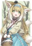 1girl absurdres alternate_costume alternate_hairstyle animal_ear_fluff animal_ears animal_on_head arknights basket black_cat blonde_hair blue_hairband blue_skirt blush border cardigan cat cowboy_shot fox_ears fox_girl fox_tail frilled_hairband frills green_eyes hair_down hairband highres holding holding_basket kitsune long_hair long_sleeves looking_at_viewer multicolored_hair multiple_tails neck_ribbon on_head open_cardigan open_clothes open_mouth outside_border red_ribbon ribbon semi_colon shirt skirt solo streaked_hair suzuran_(arknights) suzuran_(spring_praise)_(arknights) tail teeth tree upper_teeth white_border white_hair white_shirt yellow_cardigan